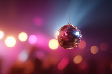 Fototapeta premium Shining disco ball suspended in a vibrant, blurred background. Party, celebration, entertainment concept. Perfect for events, nightlife, and festive designs.