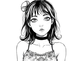Illustration of a girl with dark hair and a bun wearing a choker and a floral top in black and white
