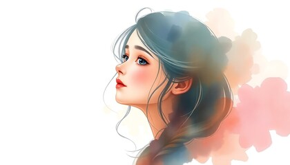 Illustration of a girl with blue hair looking up against a white and pink watercolor background