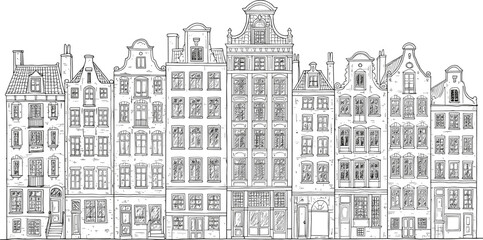 Hand drawn Amsterdam buildings, Dutch canal houses sketch, black and white line art, historic European architecture, vintage townhouse facade illustration