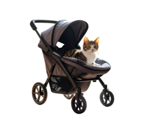  Apartment Interior Scene with Cat in Lightweight Stroller, Window Light and Plants in Background