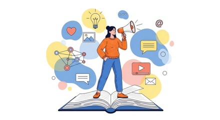 Obraz premium A woman stands on an open book holding a megaphone surrounded by icons representing marketing communication and digital