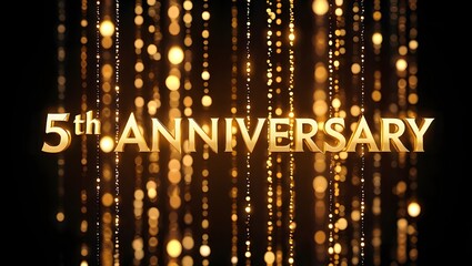 The 5th anniversary is celebrated with golden text and sparkling bokeh lights on a dark background