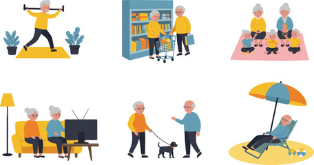 Happy senior life illustrations – elderly people exercising, shopping, relaxing, walking dog, watching TV, and spending time with grandchildren.