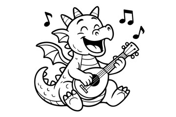 Naklejka premium Musical Dragon Playing a Lute and Singing Isolated Vector Coloring Page
