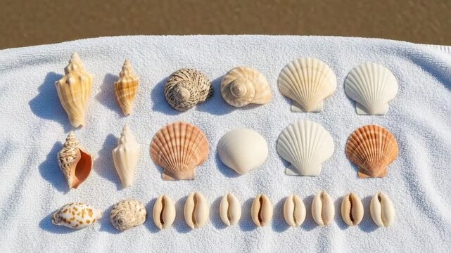 Collection of colorful seashells neatly arranged on a white towel by the beach. Sunlit natural shells in rows, ideal for marine-themed content, design references, and educational visuals.