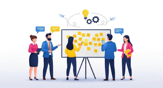 A diverse team of professionals actively engages in a brainstorming session around a whiteboard covered in sticky notes