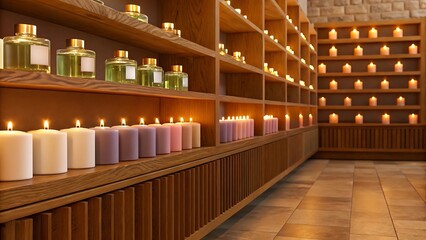 A serene display of pastel candles on wooden shelves creates a calming atmosphere
