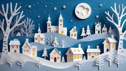 A paper art winter village scene with snowcovered houses trees and a full moon creates a festive holiday atmosphere