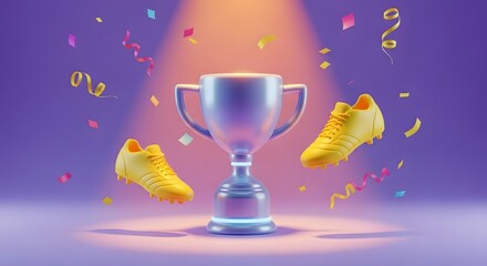 Celebration Trophy with Yellow Sneakers and Confetti on Colorful Background