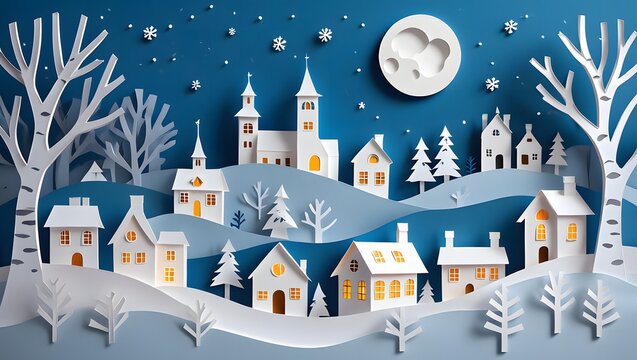 A paper art winter village scene with snowcovered houses trees and a full moon creates a festive holiday atmosphere