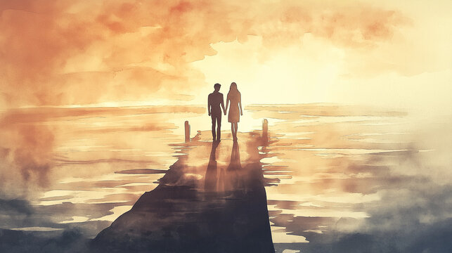 Loving couple holding hands while walking on pier at sunset   - Powered by Adobe