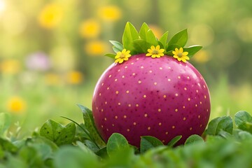 A whimsical strawberry creation adorned with tiny yellow flowers in a lush garden