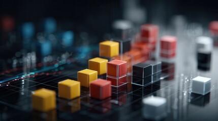 Obraz premium Digital data visualization features colorful cubes and graphs in a modern analytics environment