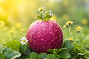 A fanciful strawberry creation with a daisy accent in a sunlit meadow