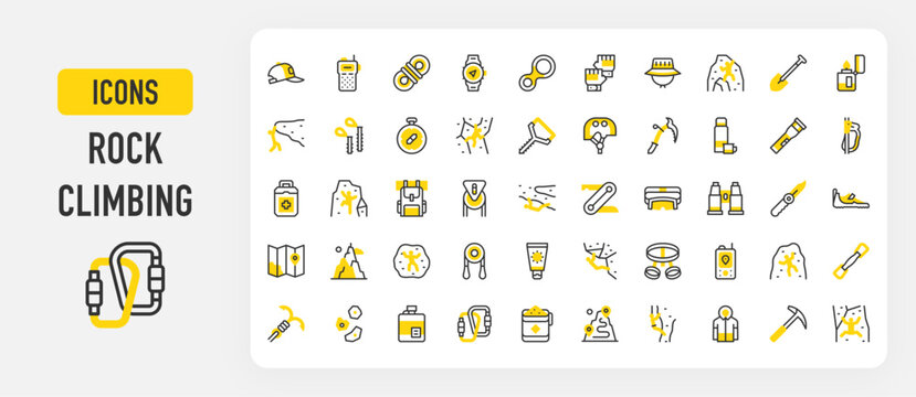 Rock climbing icons. Hook, Climbing Holds, Tape Slings, Axe, Hat, Shovel, Walkie Talkie, Gloves, Ice Screw, Climbing, Maps, Quickdraw, Harness vector stroke illustration.	
