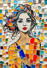 Mosaic portrait of a woman with colorful hair and dress against a mosaic tile background art style