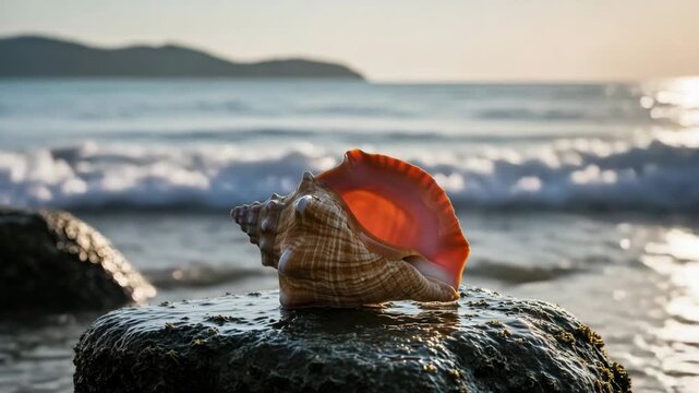 Vibrant sea shell on wet rock with ocean waves splashing around. Stunning seaside close-up with backlight and motion, capturing summer energy and natural beauty.