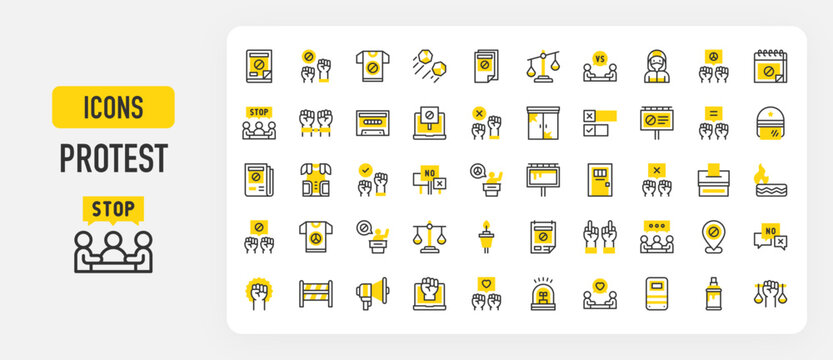 Protest icons. Middle Finger, Respect, Negotiate, Injustice, Agree, Protest, Fist, Helmet, Human Rights, Respect, Disagree, Rocks, Against, Equal, Barrier vector stroke illustration.	
