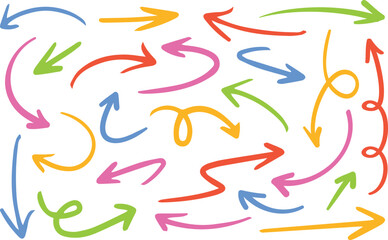 Colorful and monochrome arrow doodle collection with loops, spirals, and turns—perfect for navigation visuals, educational tools, vector illustrations, or abstract interface graphics.