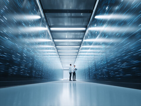 Two scientists in a modern server room. The blue streaks on the walls suggest speed and data flow. Great for concepts about technology, research, AI, and innovation.
