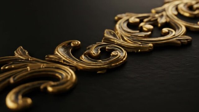 A close-up of a golden, ornate floral design against a dark background, showcasing detailed curves and texture
