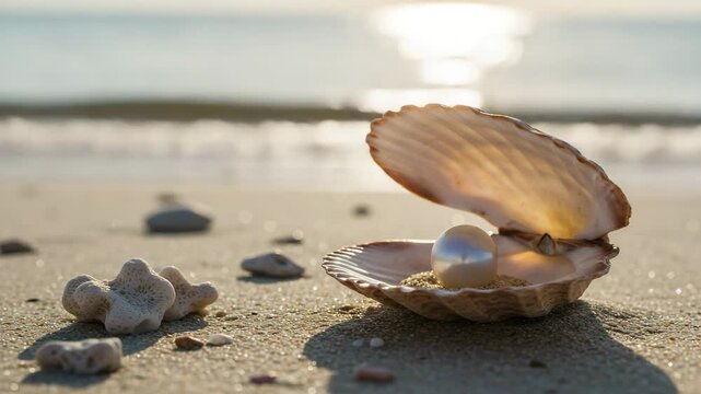 Open seashell with a shiny pearl inside lying on the sand near the ocean. Soft morning light and blurred waves in the background create a dreamy, luxurious beach scene.