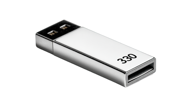Sleek white rectangular USB flash drive with metallic accents, showing the number 330
