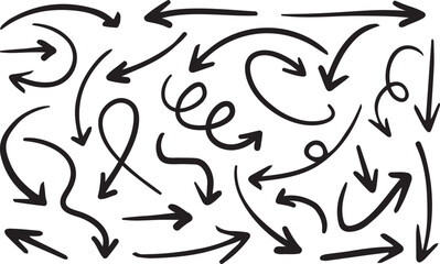 Dynamic set of hand-drawn arrows in both multicolor and black styles featuring curved, twisted, and swirled paths—ideal for infographics, presentations, or creative design projects needing directional
