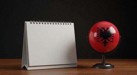 Blank desk calendar and Albania flag globe on wooden table