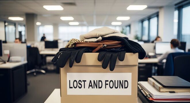 Lost and found items in office include clothing items. Modern office in background.