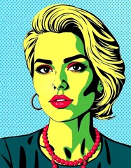 Pop art style portrait of a woman with blonde hair and red lips against a blue dotted background