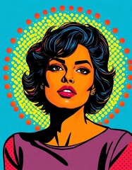 Pop art style portrait of a woman with short dark hair against a dotted background in blue, yellow and red