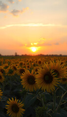 Fototapeta premium Beautiful sunset over sunflower field, hyperrealism. White tone
