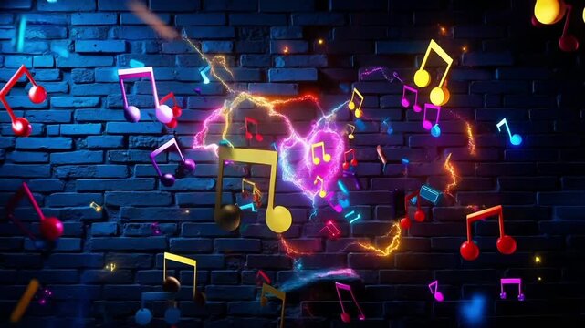 A brick wall with colorful music notes coming out of it