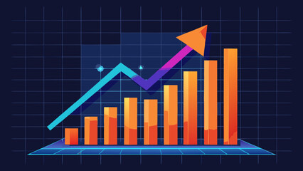 Soaring Business Growth Chart: Glowing Orange Arrow & Blue Bars on Dark Grid Background - Financial Success Visualization Generative AI