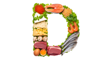 Letter D made of assorted fresh foods including fish and vegetables vitamin 