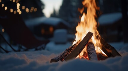 A bonfire blazing in the snow, close-up of flickering flames
