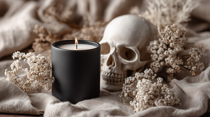 Black Matte Candle with Skull and Dried Flowers &ndash; Dark Aesthetic D&eacute;cor