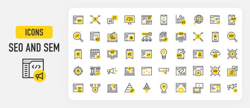 Seo and sem icons. Optimization, Ads, Laptop, Funds, Multimedia, Performance, Marketing, Seo, Boost, Link, Selling, Rise , Calendar, Filter, Strategy, Target vector stroke illustration.
