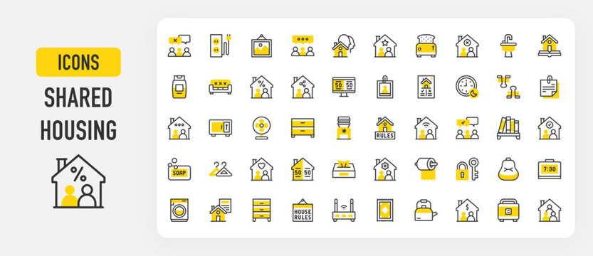 Shared housing icons. Painting, Roommate, Couple, Shampoo, Match, Washing Machine, Carpet, House Rules, Maintenance, Disagree, Alarm Clock vector stroke illustration.	
