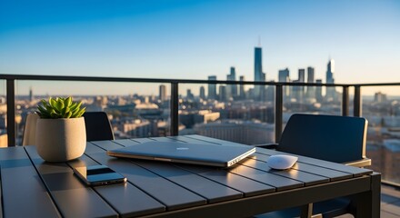 Naklejka premium Modern Balcony Workspace with Laptop, Smartphone, Mouse, and Potted Succulent