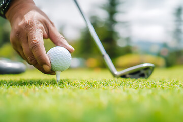 Golf ball being placed on tee with golf club ready to swing for golfing sport and recreation activity game