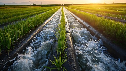 Naklejka premium Irrigation System With Water Gushing From Large Black Pipes Into Open Crop Beds Of Growing Rice. Water Ripples Are Visible As They Spread Across The Field In Channels Between R