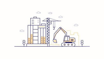 Illustration of a construction site with a building crane and excavator under a cloudy sky scene view