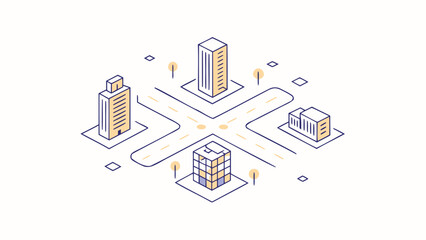 Isometric view of a city intersection with buildings, roads, and trees in a minimalist style design.
