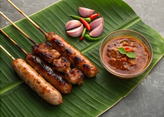 Grilled asian sausages served with spicy sauce onions and chilies on a banana leaf