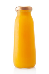 Glass bottle of fresh orange juice isolated on white background