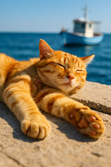 Coastal lifestyle with pets,Lazy summer cat moments,Dockside animal relaxation photography,sleeping orange tabby cat by the sea, on sunny dock, with boat in background