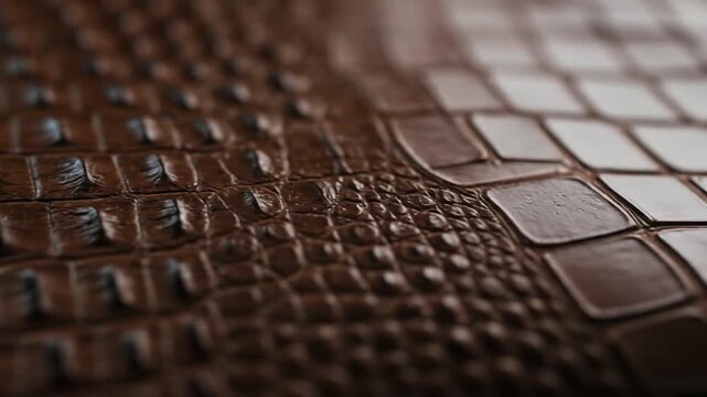 A close-up, textured view of a brown, scaled surface, possibly leather, displaying intricate patterns and depth